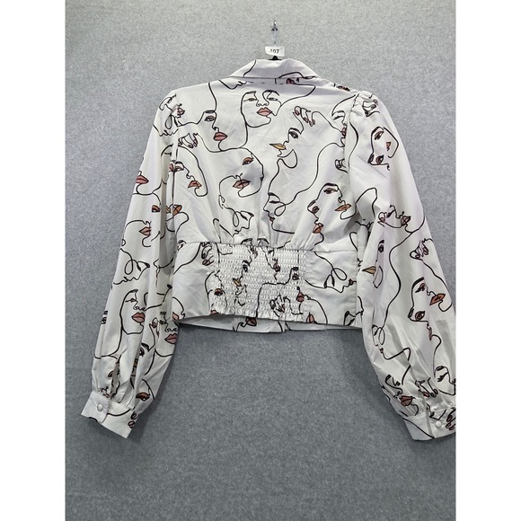 Milk & Honey Face Line Art Cropped Blouse White Black Neck Tie Puff Sleeve M - Picture 8 of 10